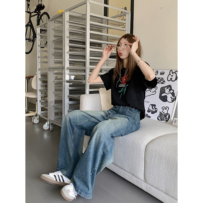 Spring 2023 new retro and nostalgic loose, versatile, slimming wide-leg straight floor-length denim long pants for women Application Scenario